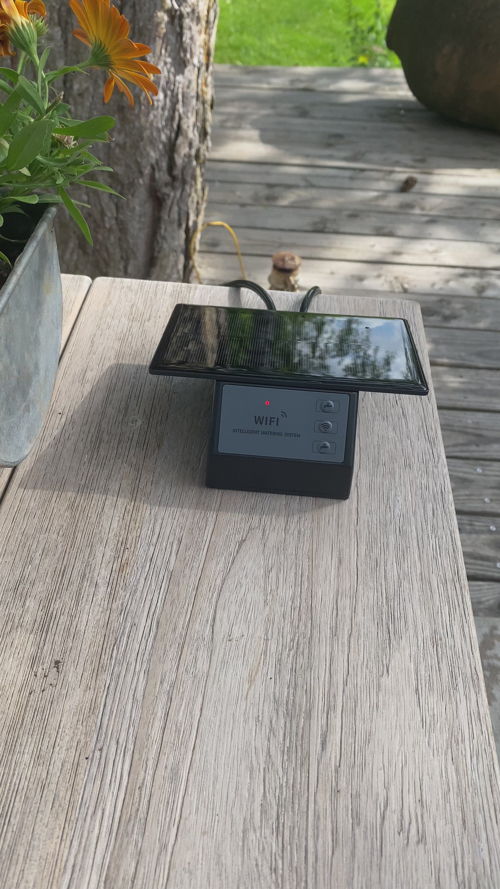 Solargetriebenes intelligentes Bewässerungssystem auf Holztisch neben Pflanze im Freien.